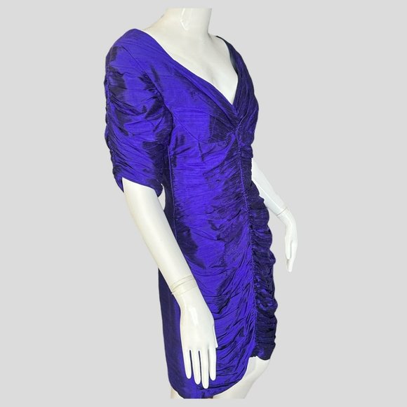 VINTAGE KANAK 100% SILK ROYAL PURPLE RUCHED DRESS (SZ 8) - Picture 5 of 12